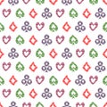 Seamless vector pattern with icons of playings cards. Background with colorful hand drawn ornamental symbols on white. Royalty Free Stock Photo