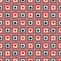 Seamless vector pattern with icons of playings cards. Bright red, black and white symmetrical geometric background