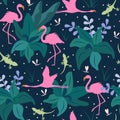 seamless vector pattern illustration with pink flamingos, colorful plants and leaves, green lizard on blue background Royalty Free Stock Photo