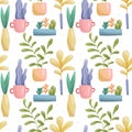 Seamless vector pattern of images of domestic fairy fantastic plants in pots and vases of various unusual shapes and bright colors