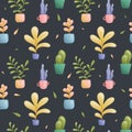 Seamless vector pattern of images of domestic fairy fantastic plants in pots and vases of various unusual shapes and bright colors