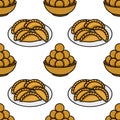 Seamless vector pattern of Indian sweets and snacks, cartoon style Royalty Free Stock Photo