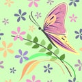 Seamless vector pattern with insects, background with colorful closeup butterfly, flowers and branches with leaves Royalty Free Stock Photo