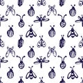 Seamless vector pattern with insects, background with ladubugs, wasps, beetle, butterflies and dragonflies.