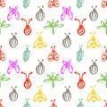 Seamless vector pattern with insects, background with ladubugs, wasps, beetle, butterflies and dragonflies.