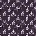 Seamless vector pattern with insects, background with ladubugs, wasps, beetle, butterflies and dragonflies.