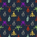 Seamless vector pattern with insects, background with ladubugs, wasps, beetle, butterflies and dragonflies.