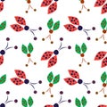 Seamless vector pattern with insects, background with red and green hand drawn decorative ladybugs on the white backdrop Royalty Free Stock Photo