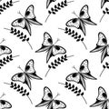 Seamless vector pattern with insects, black and white background with butterflies and branches with leaves Royalty Free Stock Photo