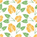 Seamless Vector Pattern With Insects, Chaotic Background With Bright Decorative Orange Closeup Ladybugs And Green Leaves