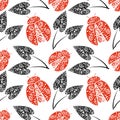 Seamless Vector Pattern With Insects, Chaotic Background With Bright Decorative Red Closeup Ladybugs And Black Leaves,