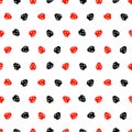 Seamless Vector Pattern With Insects, Chaotic Background With Bright Red And Black Decorative Ladybugs, On The White Backdrop.