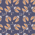 Seamless Vector Pattern With Insects, Chaotic Background With Pastel Decorative Closeup Ladybugs, On The Blue Backdrop