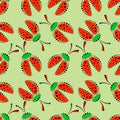 Seamless Vector Pattern With Insects, Chaotic Background With Red Decorative Closeup Ladybugs, On The Green Backdrop