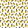 Seamless vector pattern with insects, chaotic background with yellow wasps on the white backdrop