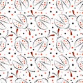 Seamless Vector Pattern With Insects, Chaotic Black, Red And White Background With Decorative Closeup Ladybugs And Dots, On The B