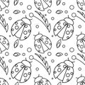 Seamless vector pattern with insects, chaotic black and white background with ladybugs and leaves on the white backdrop