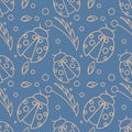 Seamless vector pattern with insects, chaotic blue background with ladybugs and leaves