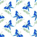 Seamless vector pattern with insects, colorful background with blue butterflies and branches with leaves om the white backdrop Royalty Free Stock Photo