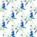 Seamless vector pattern with insects, colorful background with blue butterflies, flowers and branches with leaves Royalty Free Stock Photo