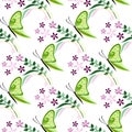 Seamless vector pattern with insects, colorful background with green butterflies, flowers and branches with leaves Royalty Free Stock Photo