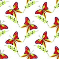 Seamless vector pattern with insects, colorful background with red butterflies and branches with leaves om the white backdrop Royalty Free Stock Photo