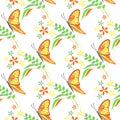 Seamless vector pattern with insects, colorful background with violet butterflies, flowers and branches with leaves