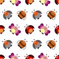 Seamless vector pattern with insects. Cute background with colorful comic butterflies, ladybugs, colorado beetles and bees.