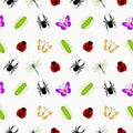 Seamless vector pattern with insects, cute colorful background with spiders, ladybugs, caterpillars and butterflies