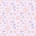 Seamless vector pattern with insects. Cute hand drawn background with ladybugs and flowers.