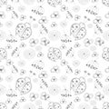 Seamless vector pattern with insects. Cute hand drawn background with ladybugs and flowers on the white backdrop.