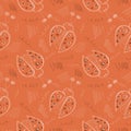 Seamless vector pattern with insects. Cute hand drawn background with ladybugs and scribble on the red backdrop