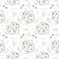 Seamless vector pattern with insects. Cute hand drawn background with ladybugs and scribble on the white backdrop.