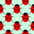 Seamless vector pattern with insects, symmetrical background with bright close-up ladybugs, over light green backdrop