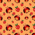 Seamless vector pattern with insects, symmetrical background with bright cute comic ladybugs and strawberries, on the red backdrop Royalty Free Stock Photo