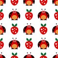 Seamless Vector Pattern With Insects, Symmetrical Background With Bright Cute Comic Ladybugs And Strawberries, On The White