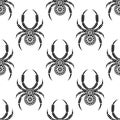 Seamless vector pattern with insects, symmetrical background with bright decorative black closeup spiders, over white backdrop.