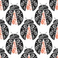 Seamless Vector Pattern With Insects, Symmetrical Background With Bright Decorative Black And Red Closeup Ladybugs, Over White Bac