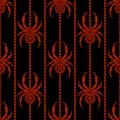 Seamless vector pattern with insects, symmetrical background with bright decorative red closeup spiders, over black backdrop with Royalty Free Stock Photo