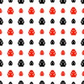 Seamless Vector Pattern With Insects, Symmetrical Background With Bright Red And Black Decorative Ladybugs, On The White Backdrop