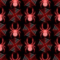 Seamless vector pattern with insects, symmetrical background with decorative black closeup spiders, over black backdrop with red s Royalty Free Stock Photo