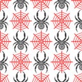 Seamless vector pattern with insects, symmetrical background with decorative black closeup spiders, over white backdrop with red s Royalty Free Stock Photo