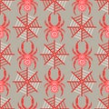 Seamless vector pattern with insects, symmetrical background with decorative red closeup spiders, over grey backdrop with red spid Royalty Free Stock Photo