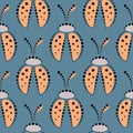 Seamless vector pattern with insects, symmetrical background with pastel decorative closeup ladybugs, on the blue backdrop. Royalty Free Stock Photo