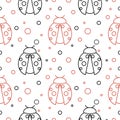 Seamless vector pattern with insects, symmetrical background with red and black ladybugs and dots on the white backdrop Royalty Free Stock Photo
