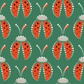 Seamless Vector Pattern With Insects, Symmetrical Background With Red Decorative Closeup Ladybugs, On The Green Backdrop.