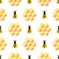 Seamless vector pattern with insects, symmetrical background with yellow honeycombs and wasps on the white backdrop