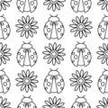 Seamless vector pattern with insects, symmetrical black and white background with ladybugs and daisies