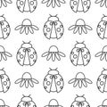 Seamless vector pattern with insects, symmetrical black and white background with ladybugs and daisies