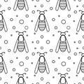 Seamless vector pattern with insects, symmetrical black and white background with wasps and dots